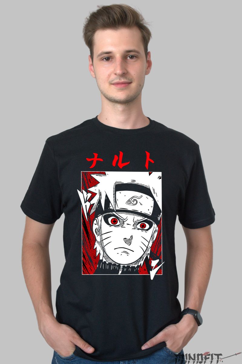 Tricou Anime Naruto Red and White barbat negru fata