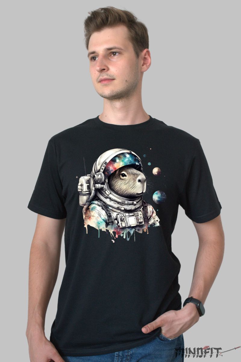 Tricou Capybara Astronaut barbat negru fata