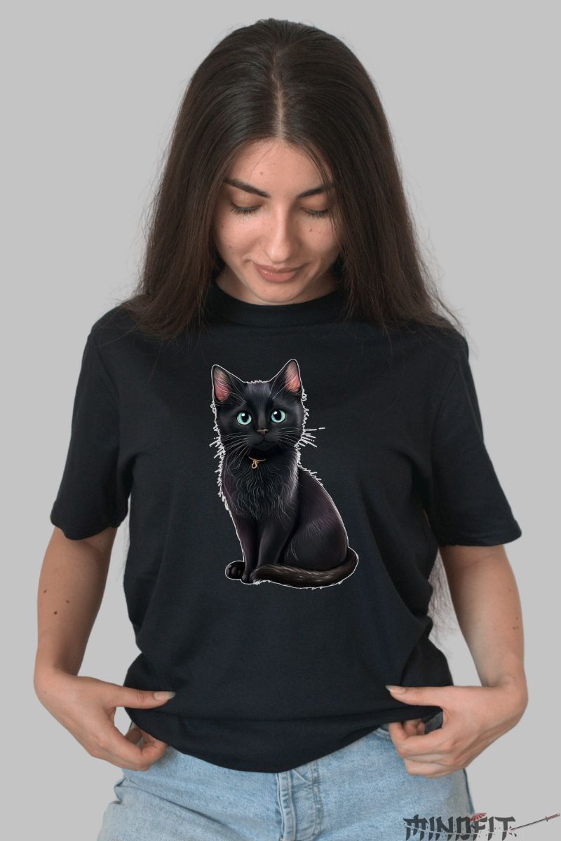 Tricou Pisica Neagra cu Ochi Albastri dama negru fata
