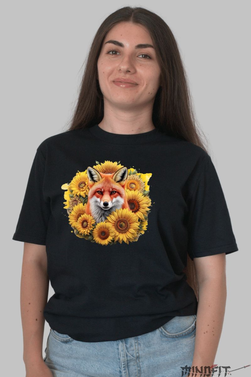 Tricou Vulpe si Floarea Soarelui dama negru fata