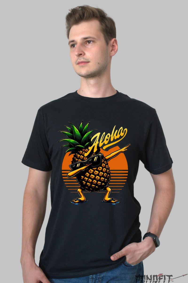 Tricou cu Ananas Aloha barbat negru fata