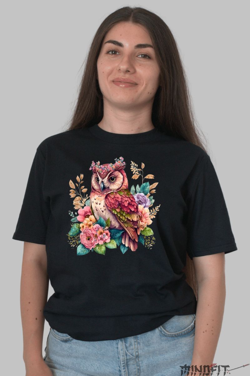 Tricou cu Bufnita Multicolora dama negru fata