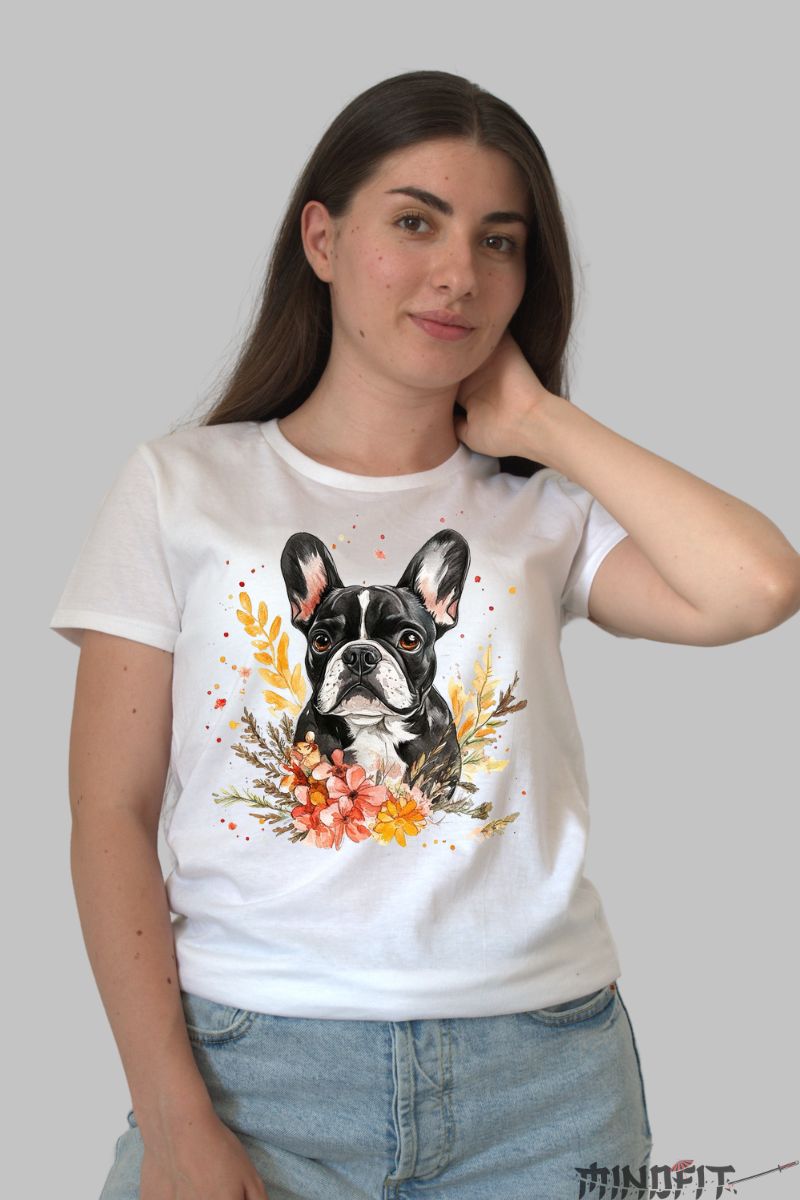 Tricou cu Caine Bulldog Negru dama alb fata