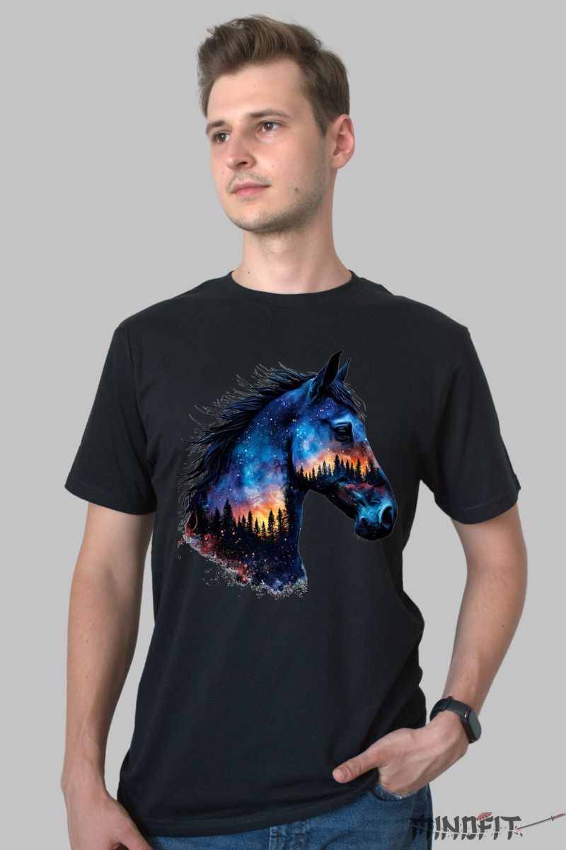 Tricou cu Cal si Natura Nocturna barbat negru fata