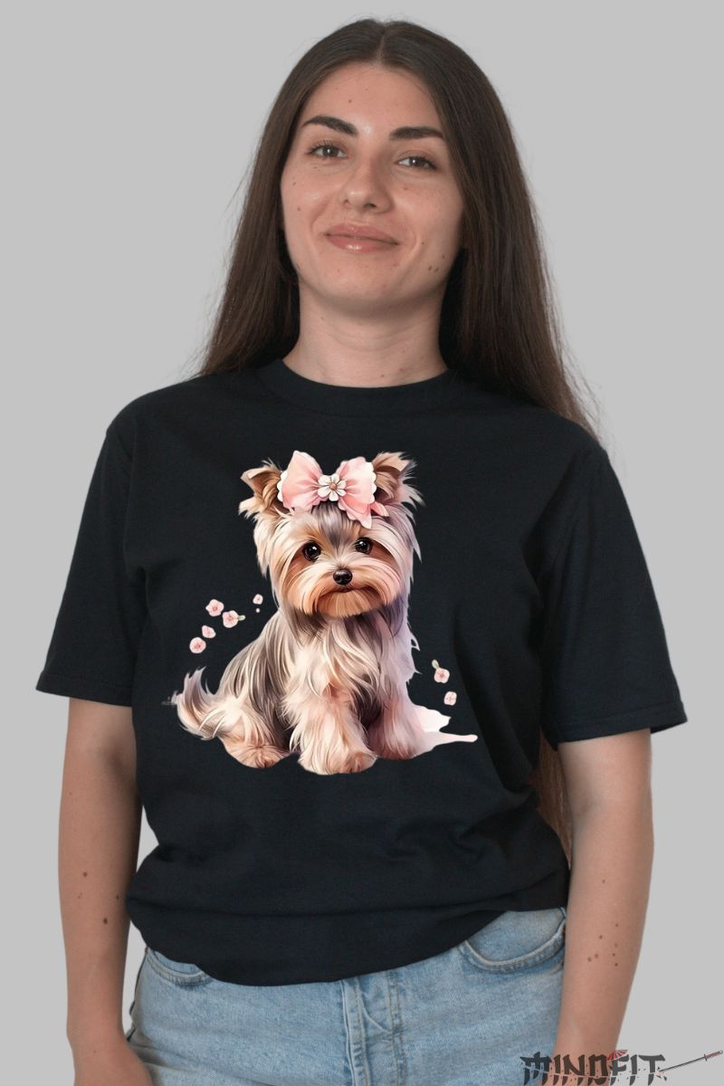 Tricou cu Catel Pufos dama negru fata
