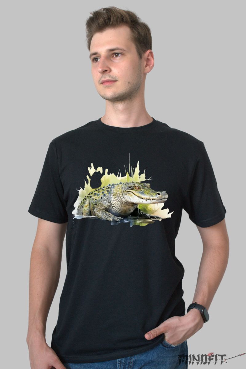 Tricou cu Crocodil in Natura barbat negru fata