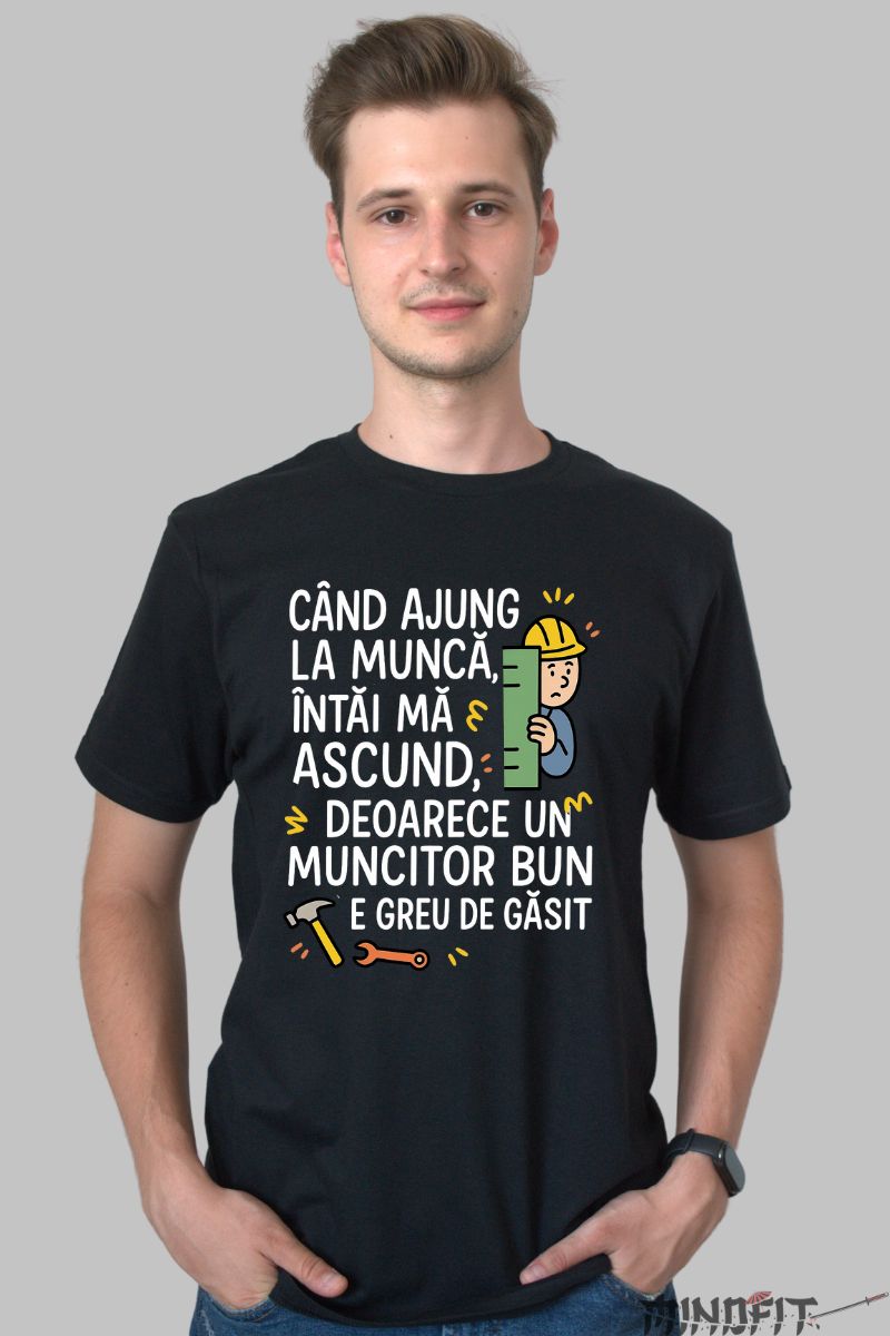 Tricou cu Mesaj Amuzant La Munca barbat negru fata