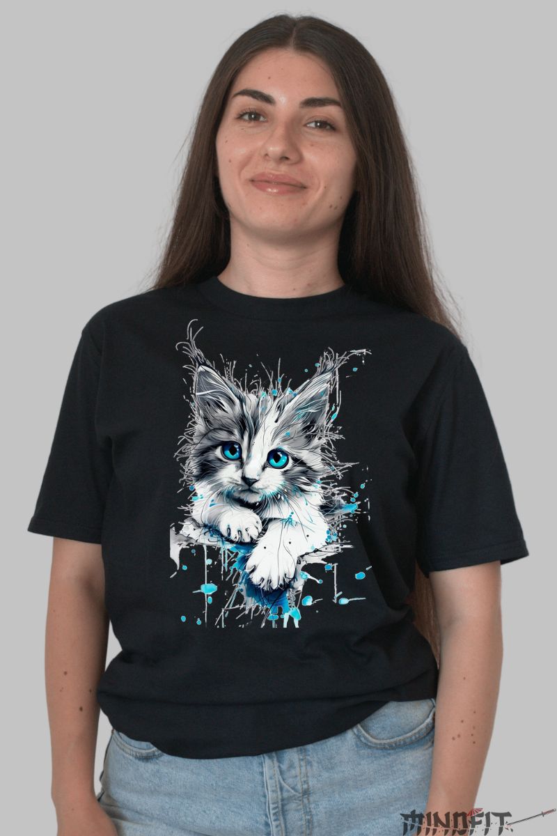 Tricou cu Pisica Cute dama negru fata