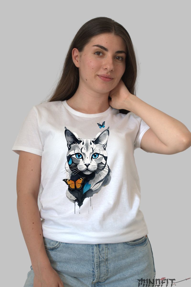 Tricou cu Pisica Gri dama alb fata