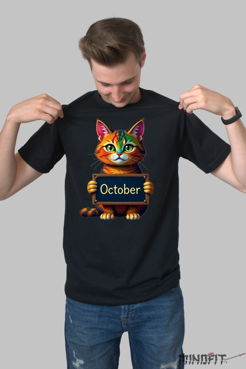 Tricou cu Pisica Multicolora "October" barbat negru fata