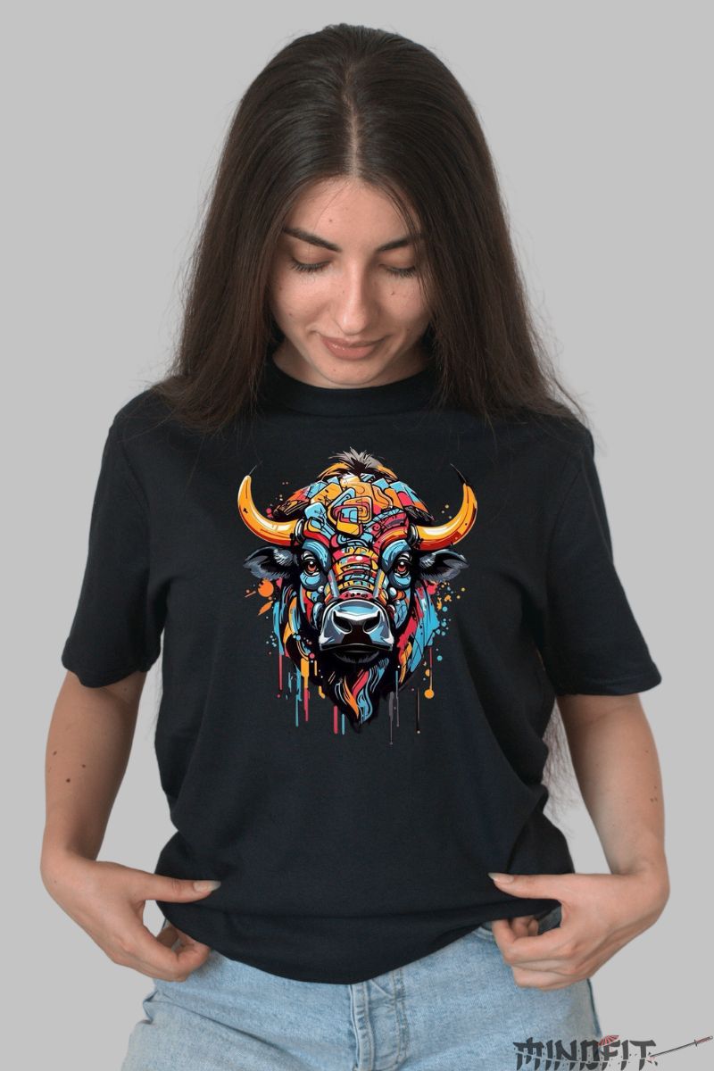 Tricou cu Taur Multicolor dama negru fata