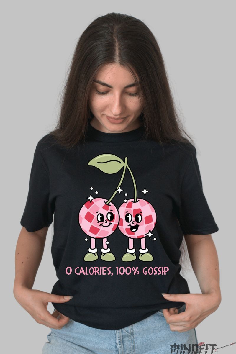 Tricou cu cirese gossip dama negru fata