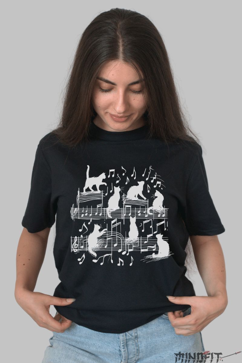 Tricou Pisici Note Muzicale dama negru fata