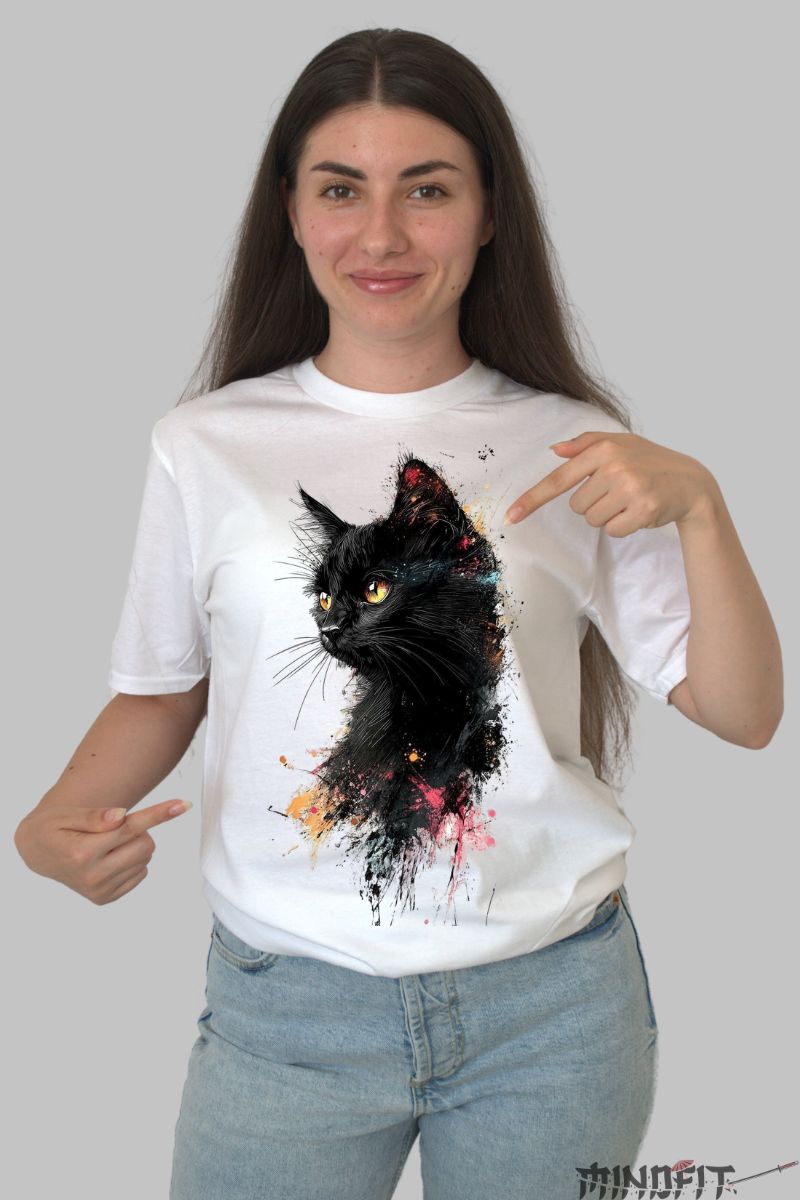 Tricou Pisica Neagra dama alb fata