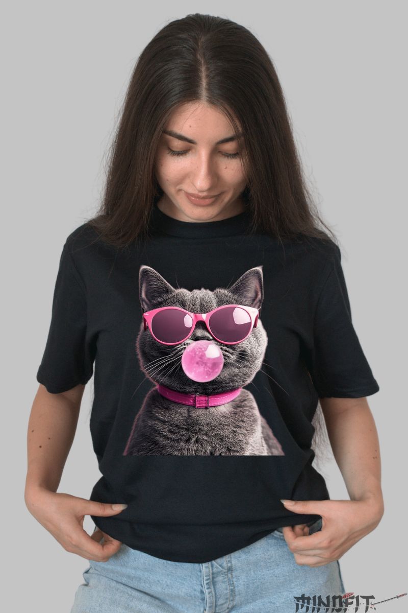 Tricou Pisica Roz Bubble Gum dama negru