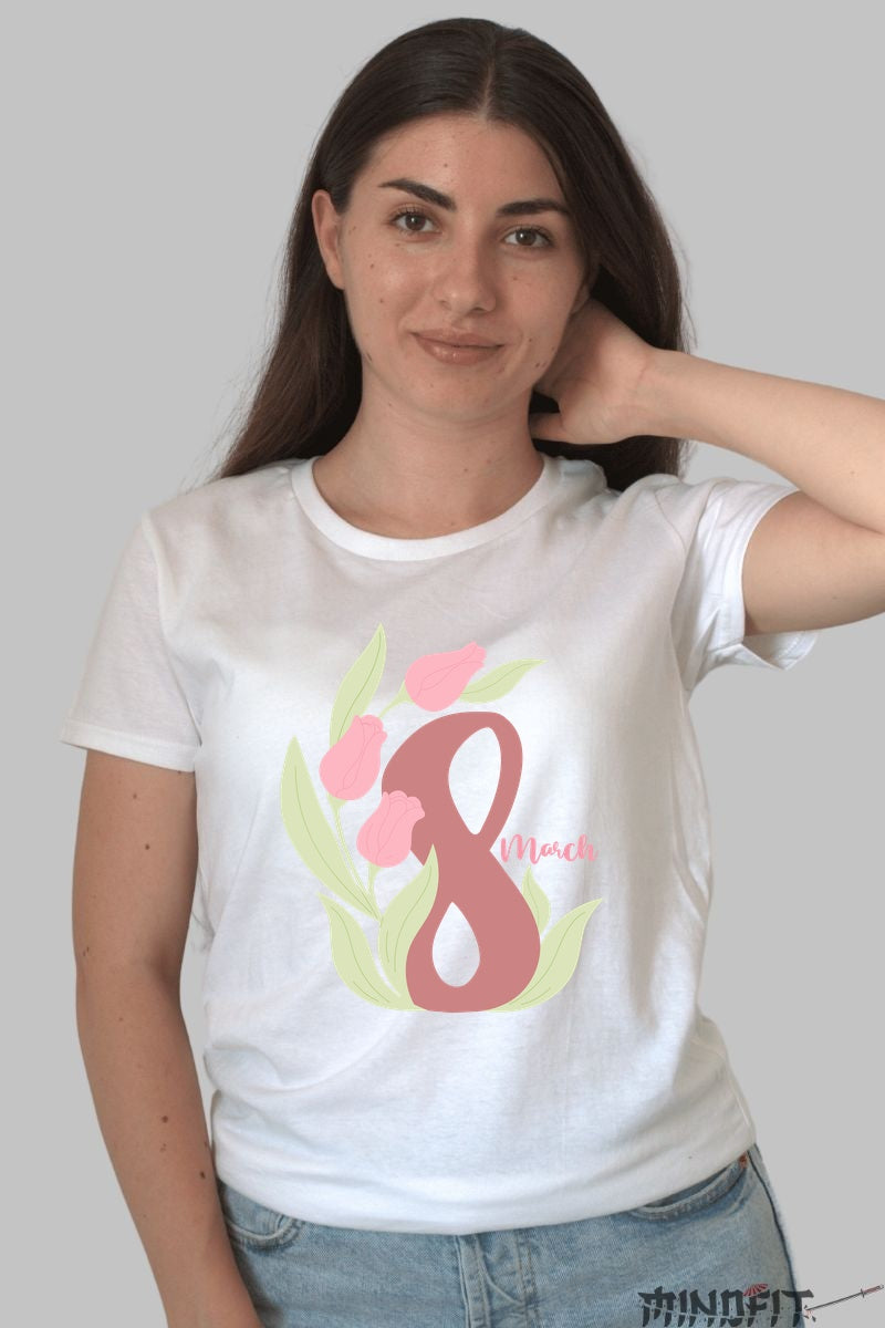 Tricou 8 Martie - Design Floral Elegant Dama Alb