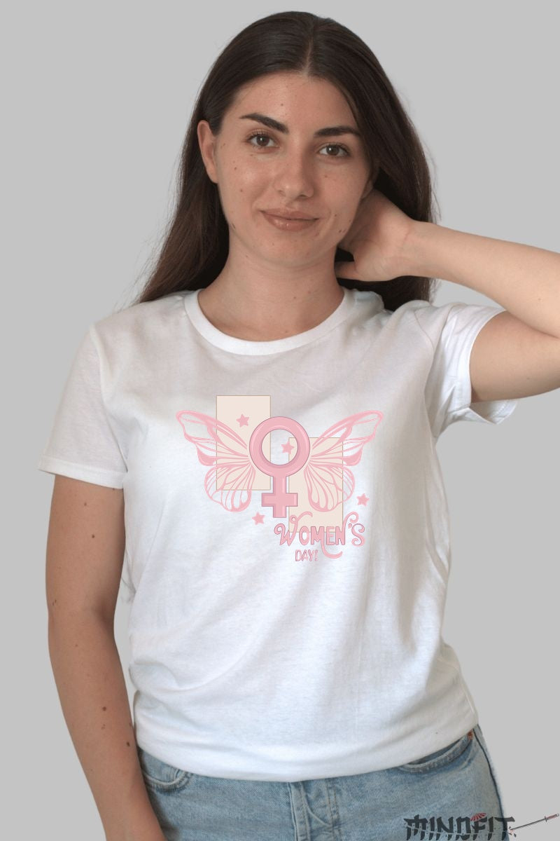 Tricou 8 Martie - Women's Day Fluturi Roz Dama Alb
