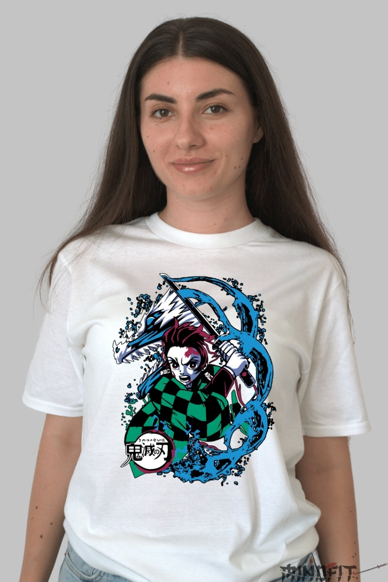 Tricou Anime Demon Slayer - Tanjiro Water Breathing Style dama alb