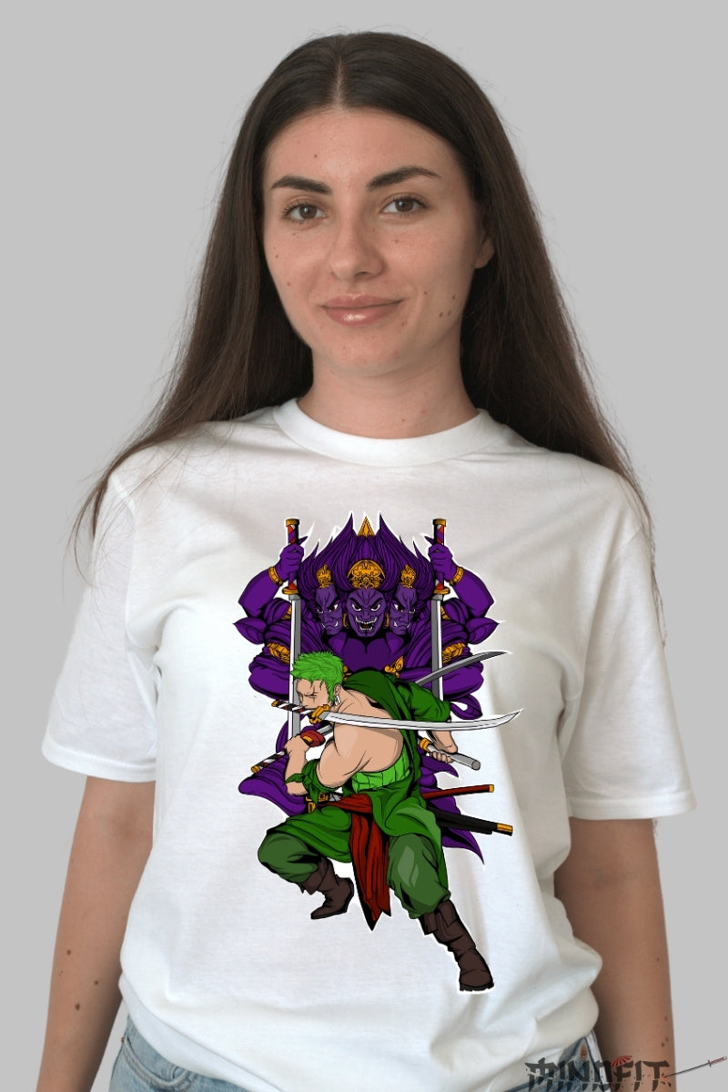 Tricou Anime One Piece - Zoro Asura Demon Slayer dama alb