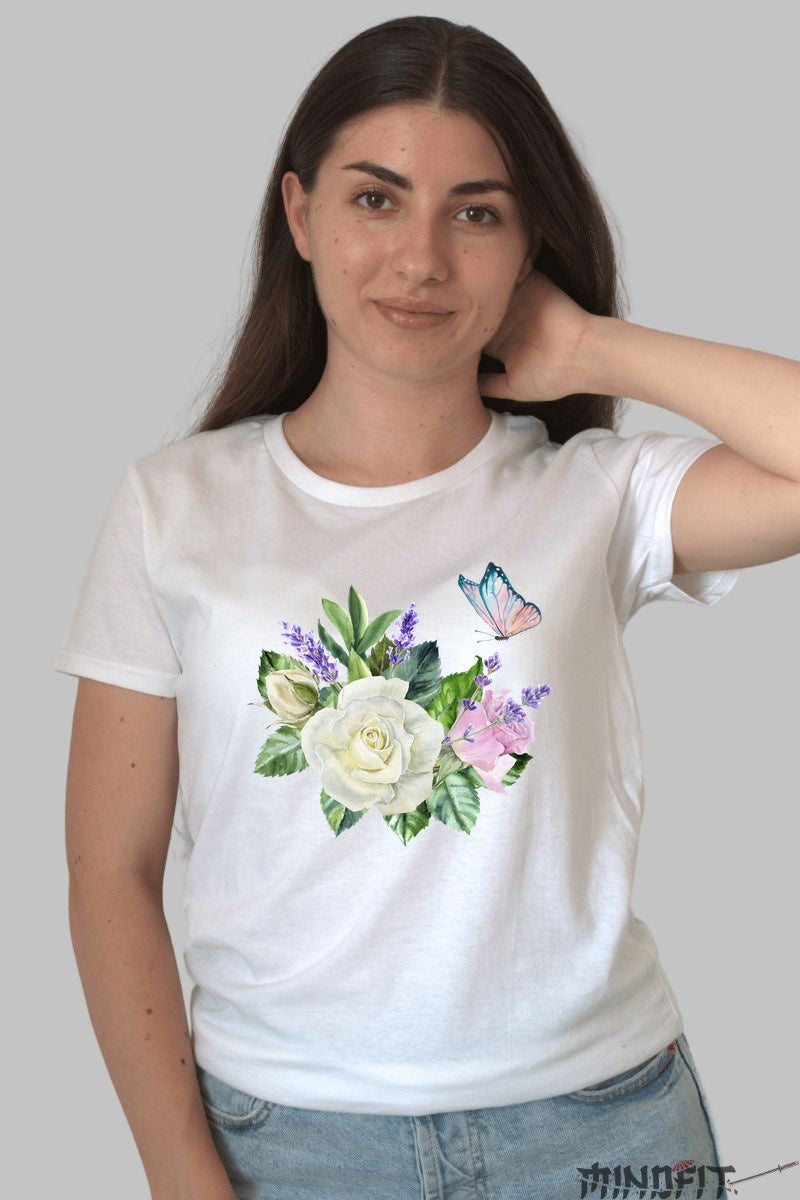 Tricou Cu Flori De Primavara - Fluturi si Trandafiri Pastel Dama Alb