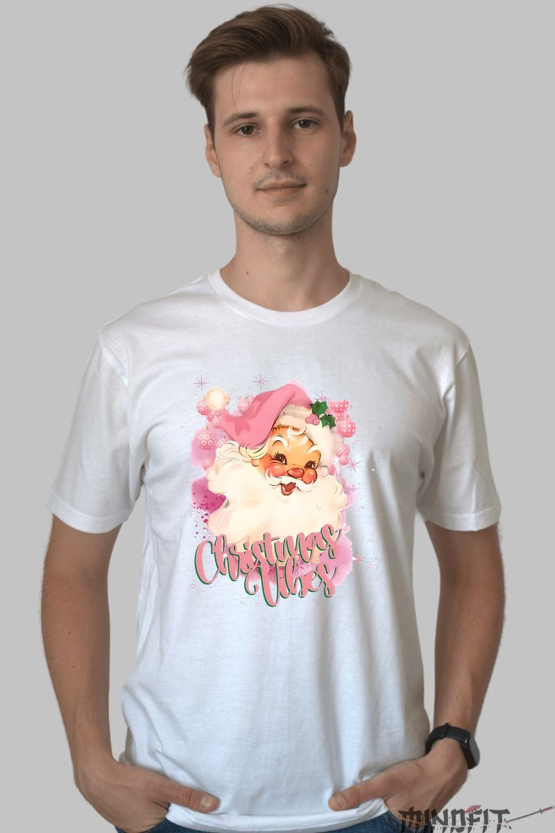Tricou De Craciun - Christmas Vibes Cu Mos Craciun Roz barbat alb
