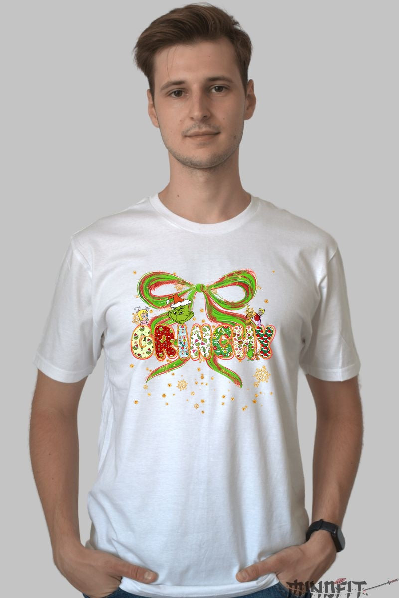 Tricou De Craciun - Grinchy Cu Fundita Festiva barbat alb