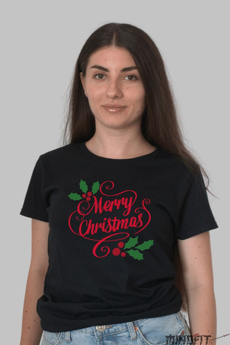 Tricou De Craciun - Merry Christmas Cu Frunze De Ilex dama negru