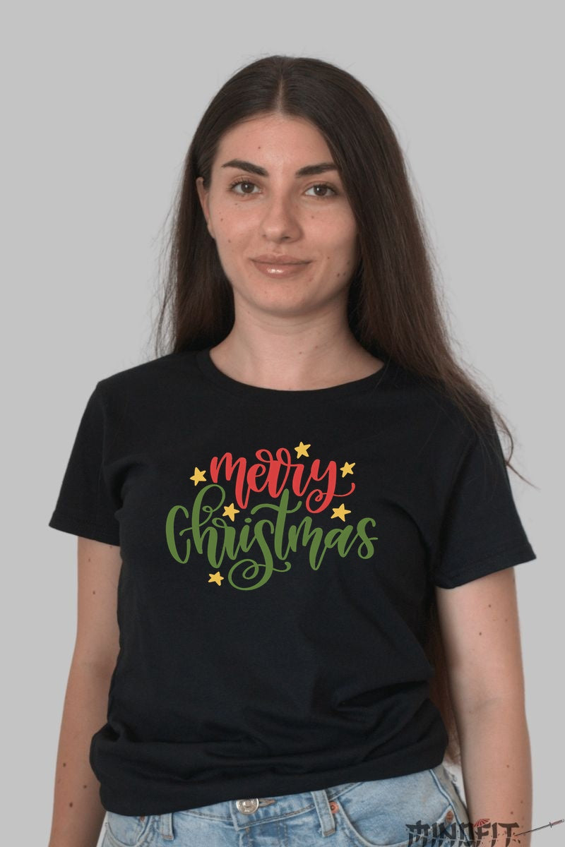 Tricou De Craciun - Merry Christmas Cu Stele dama negru