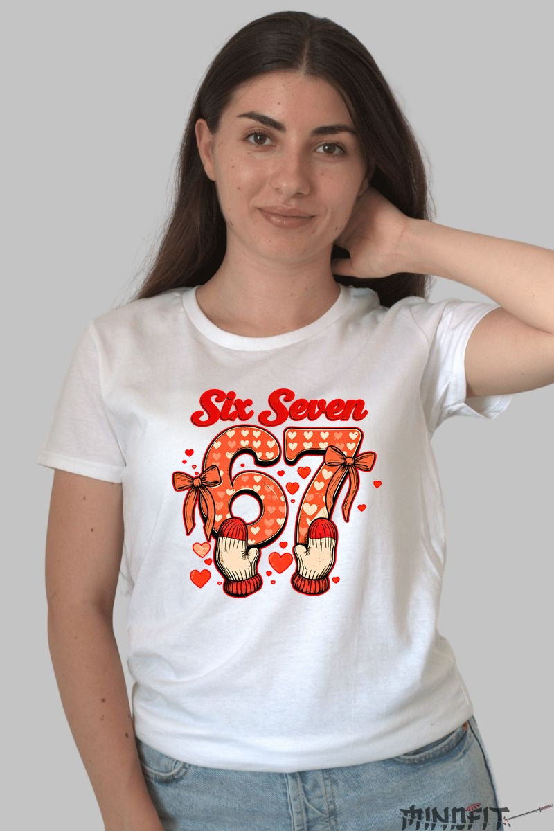 Tricou Dragoste Cuplu - Six Seven Stil Inimioare si Manusi dama alb