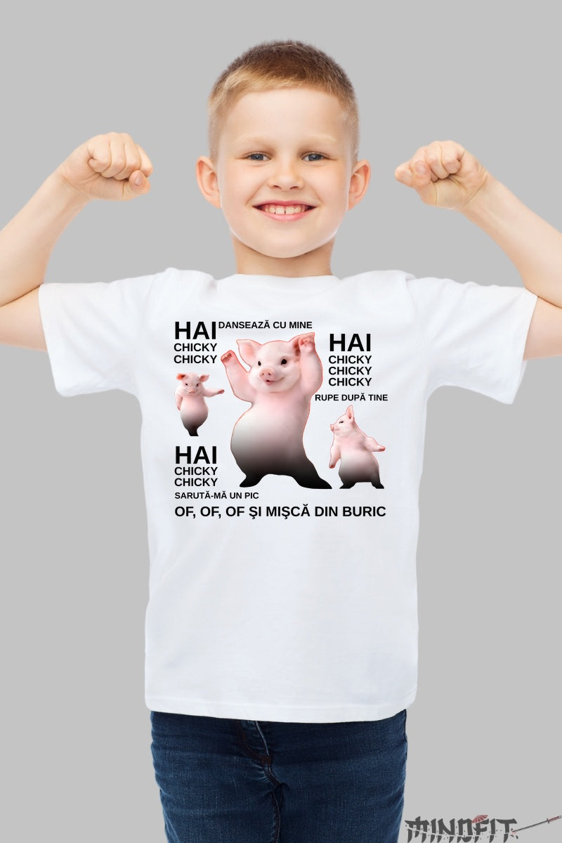 Tricou Amuzant Copil – Chicky Chicky Dance baiat alb