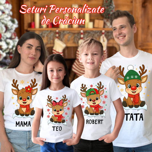 Set Tricouri De Craciun Pentru Familie Cu Reni Fericiti Personalizat Cu Nume familie