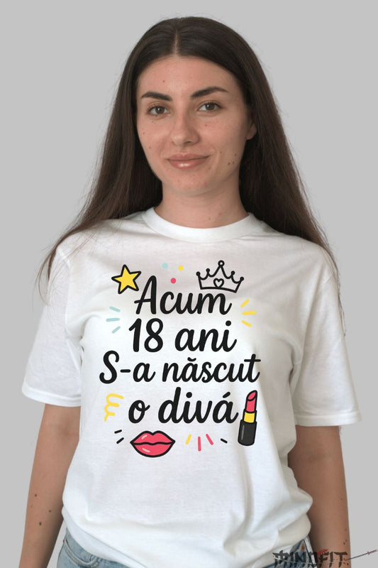 Tricou Amuzant cu Mesaj 18 Ani dama alb fata
