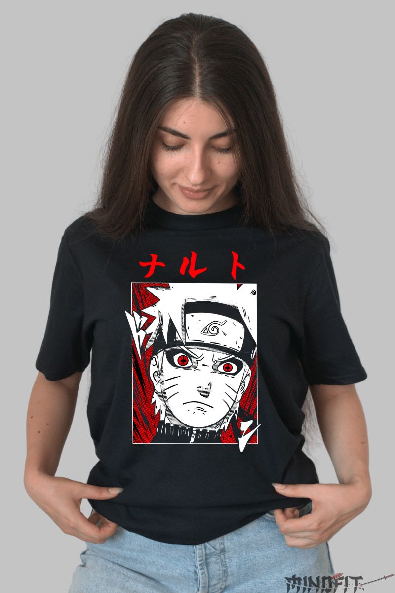 Tricou Anime Naruto Red and White dama negru fata