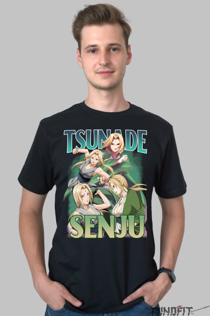 Tricou Anime Naruto Tsunade Senju barbat negru fata