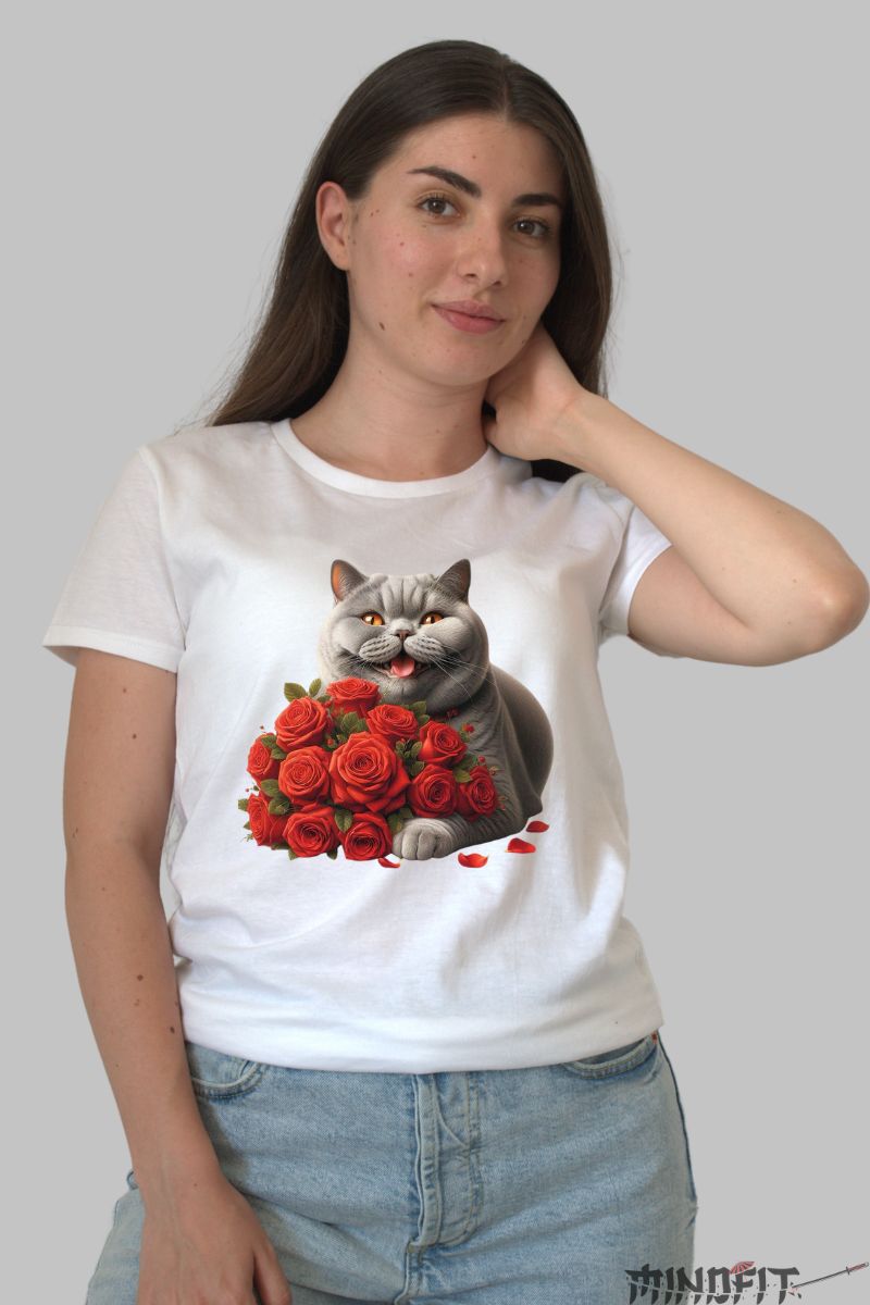 Tricou British Cat cu Trandafiri dama alb fata