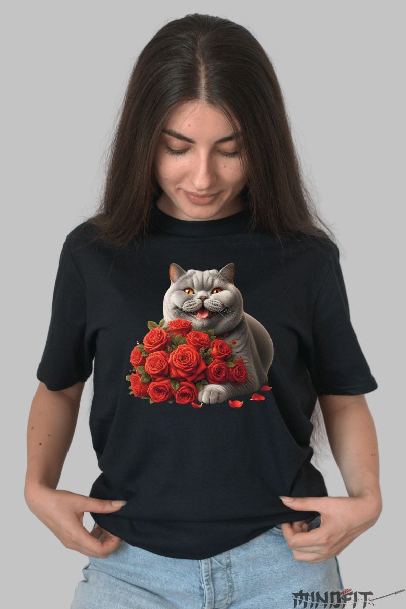 Tricou British Cat cu Trandafiri dama negru fata