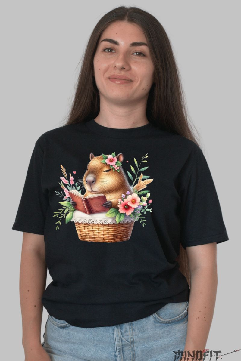 Tricou Capybara Cute dama negru fata