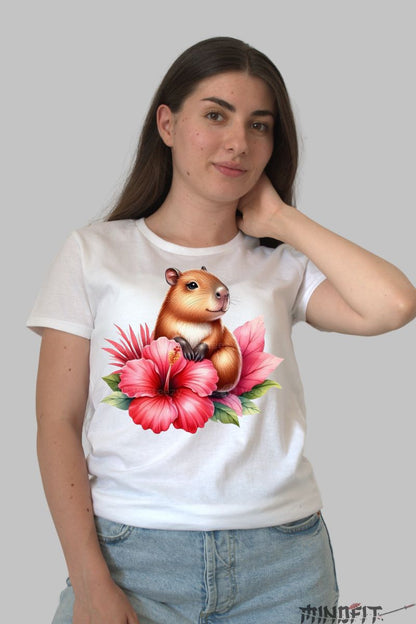 Tricou Capybara cu Flori Rosii dama alb fata