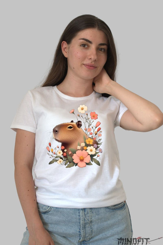 Tricou Capybara cu Flori dama alb fata