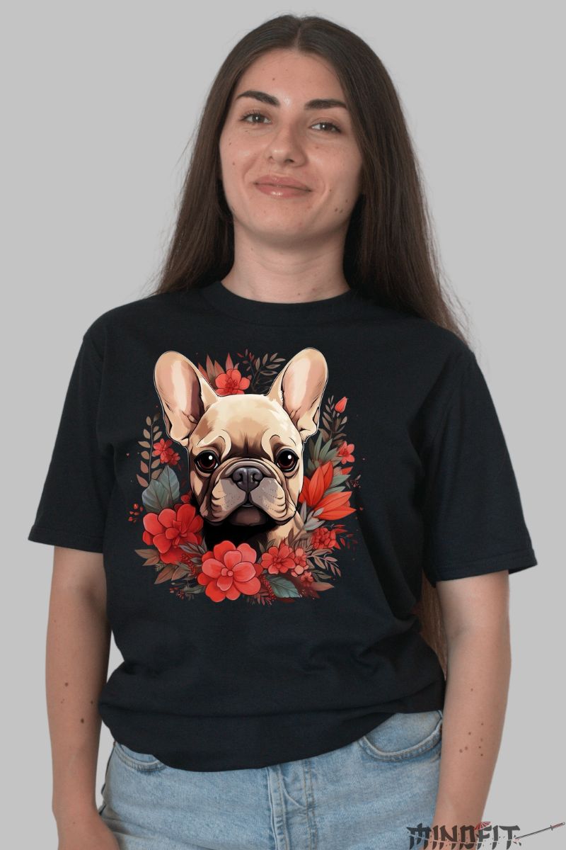 Tricou Catel Bulldog si Flori dama negru fata