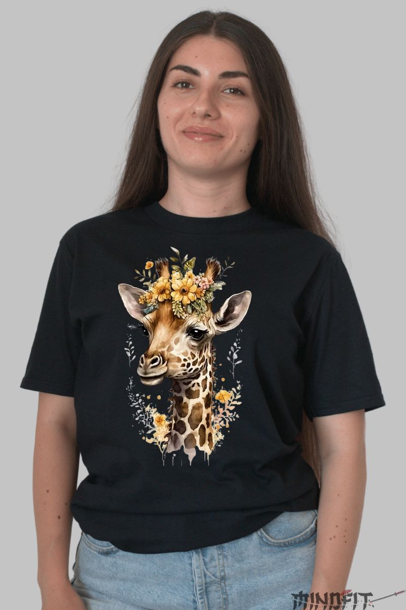 Tricou Dama cu Girafa dama negru fata