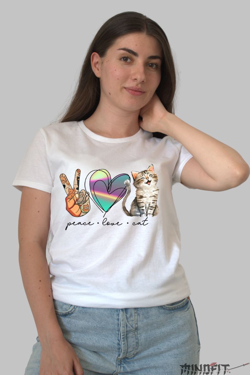 Tricou Dama cu Pisica Peace Love Cat dama alb fata