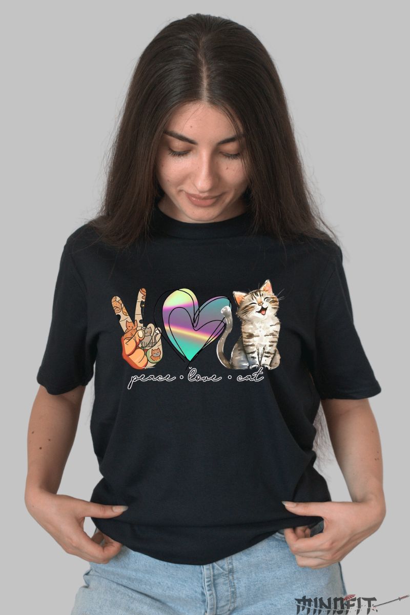 Tricou Dama cu Pisica Peace Love Cat dama negru fata