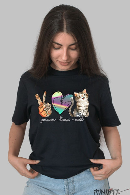 Tricou Dama cu Pisica Peace Love Cat dama negru fata