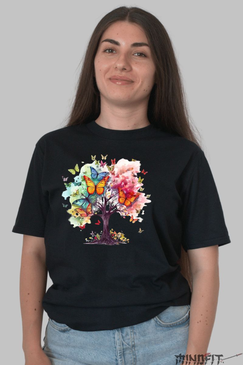 Tricou Fluturi in Copac dama negru fata