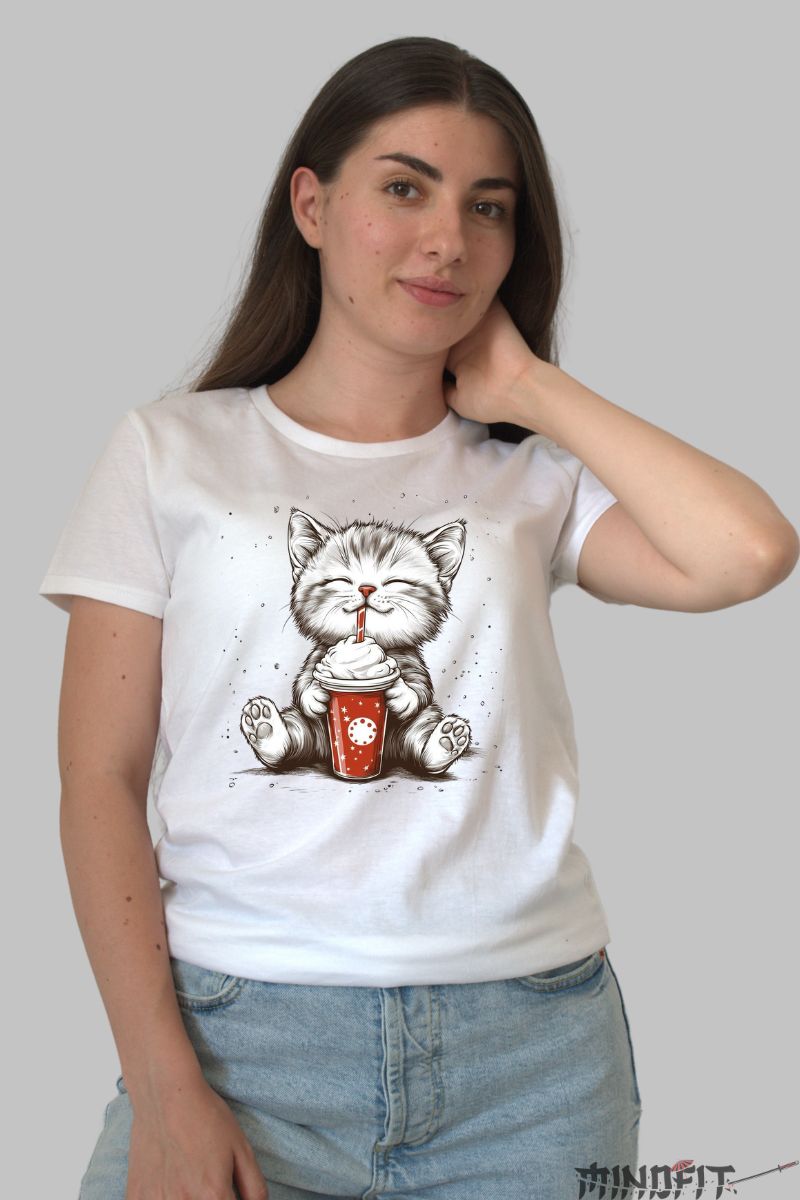 Tricou Imprimeu Pisica Cute dama alb fata