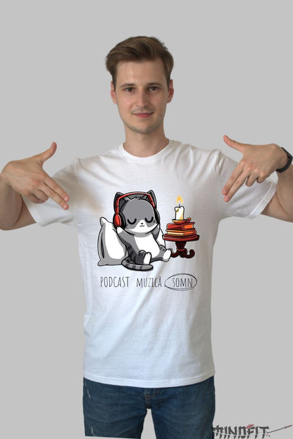 Tricou Imprimeu Pisica Somnoroasa barbat alb fata