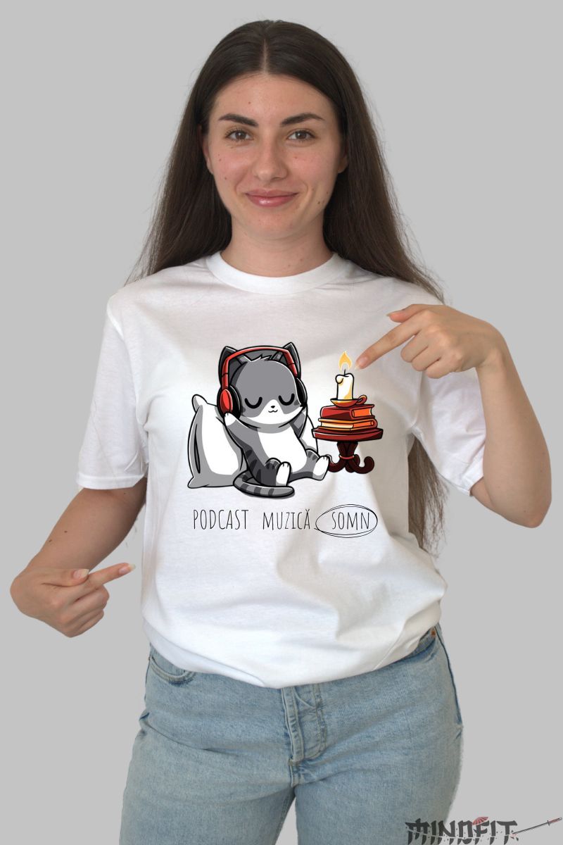 Tricou Imprimeu Pisica Somnoroasa dama alb fata