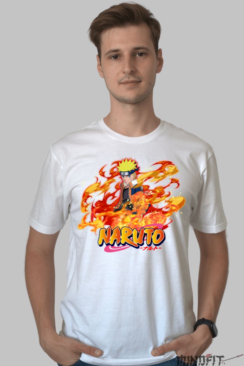 Tricou Naruto Fire barbat alb fata