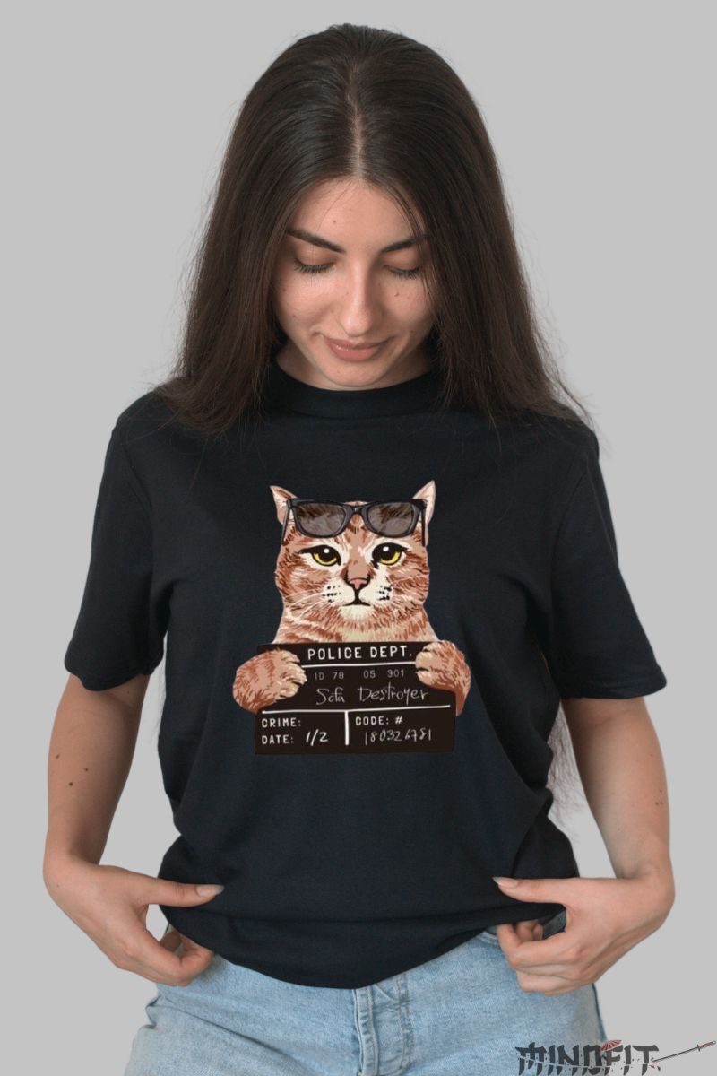 Tricou Personalizat cu Pisici "Police Dept" dama negru fata